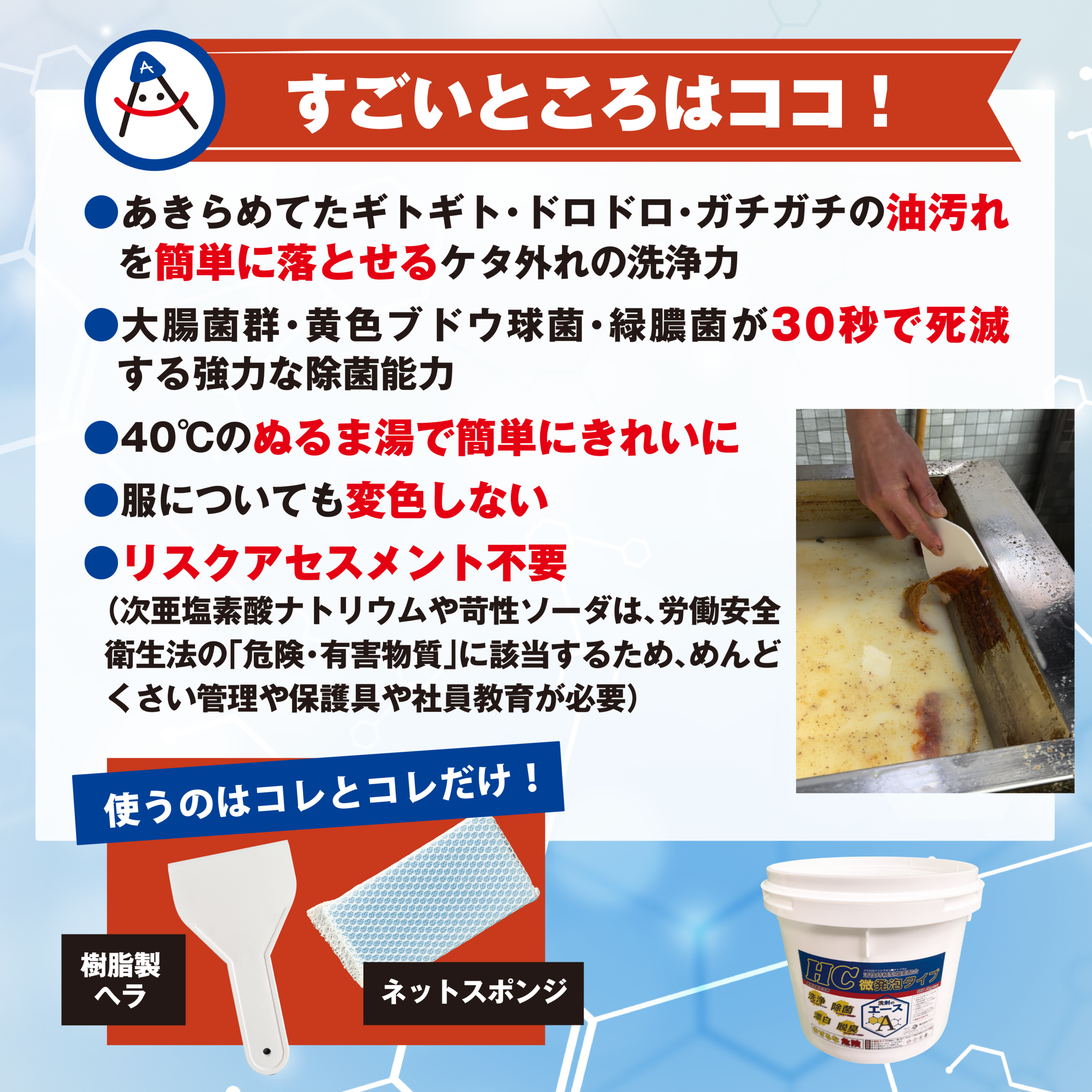 業務用 油汚れ洗剤|厨房・グリストラップ対応|洗剤のエースHC 5.0kg×2袋詰め替え用 - 画像 (3)